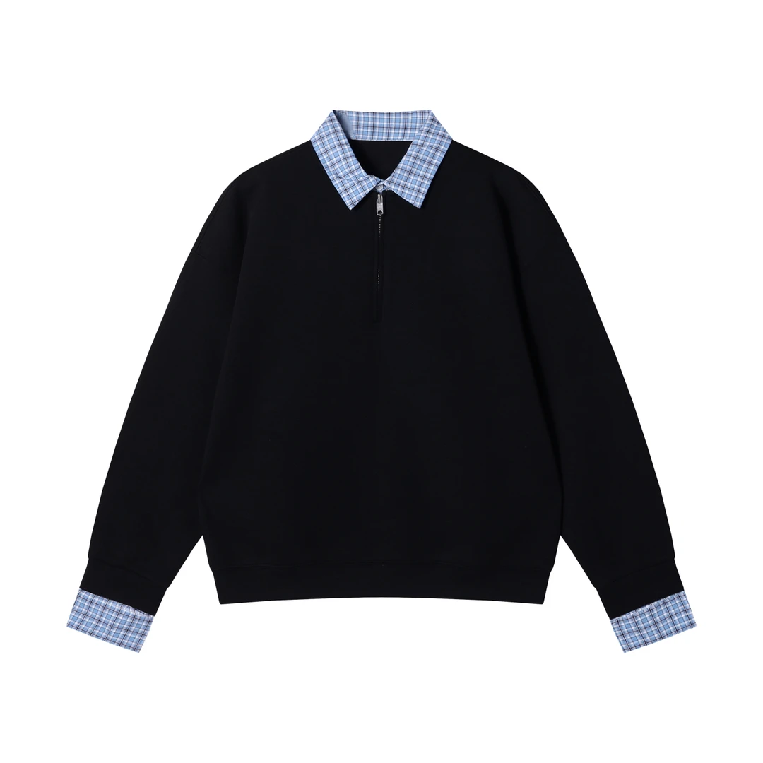 SDSA男士秋冬新款痞帅男装潮牌痞帅格子拼接半拉链翻领假两件卫衣