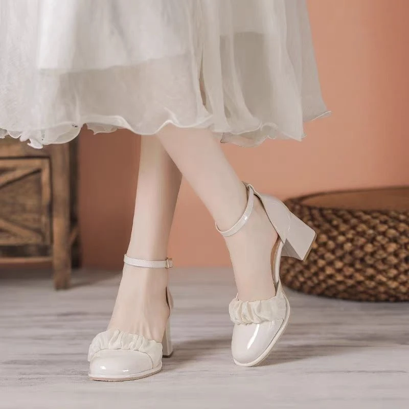仙女风百搭法式复古春夏新款包头浅口一字带女鞋粗跟中跟高跟鞋2