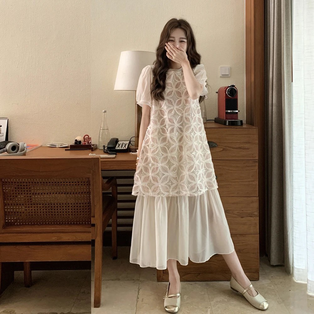 法式遮肚子连衣裙夏季女气质显瘦设计感温柔风蕾丝假两件显瘦长裙