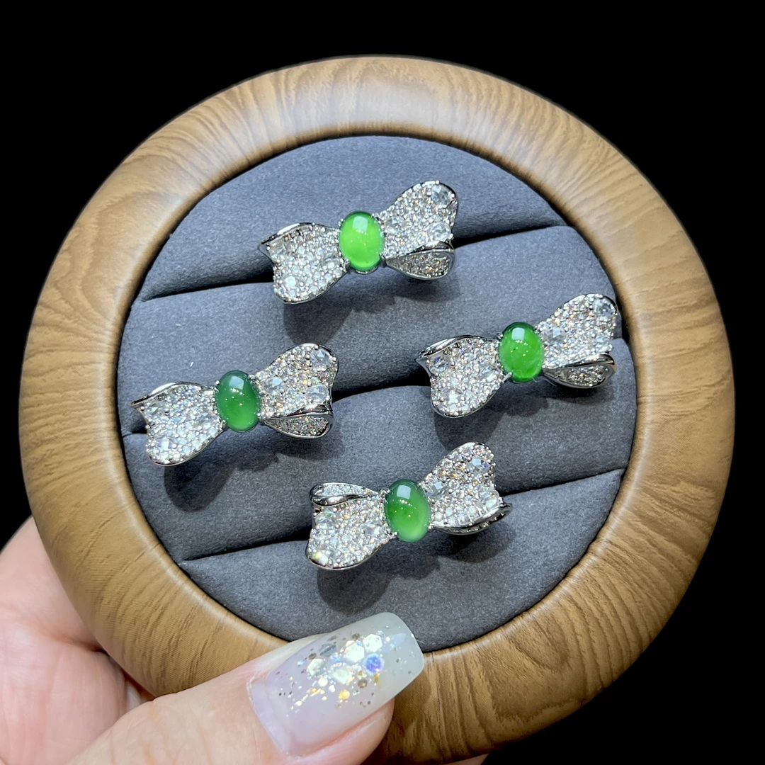 【金旭上成】天然翡翠A货满绿蛋面戒指开口戒  蝴蝶结多样性发一件