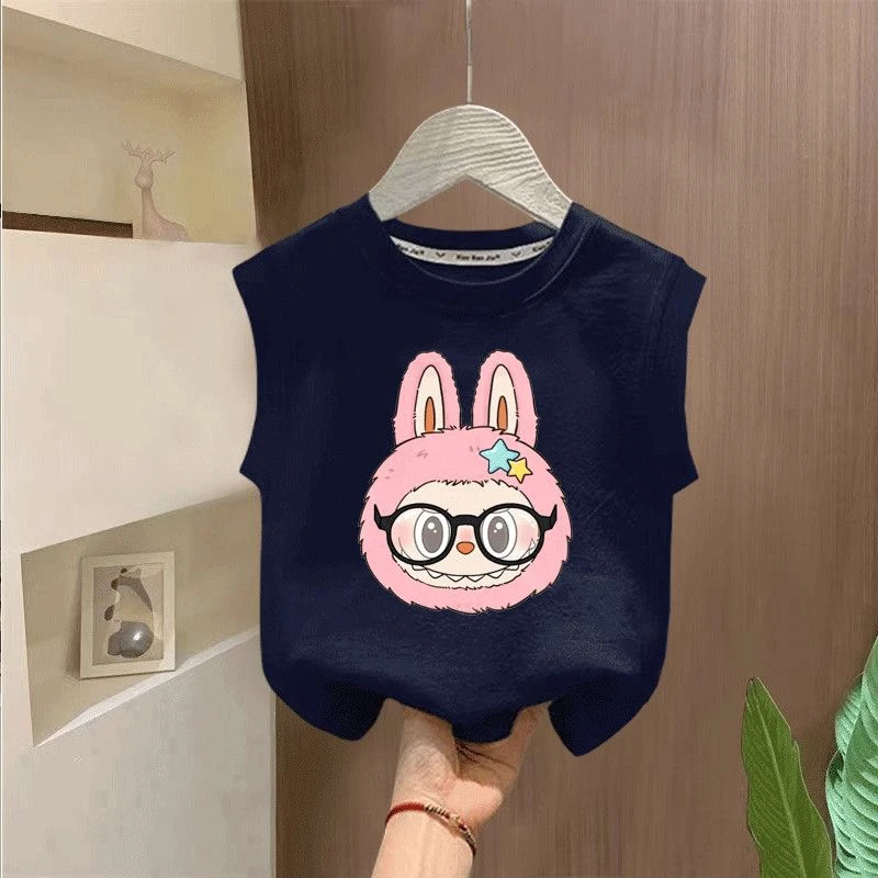 拉布布夏季新款儿童背心T恤女童休闲百搭纯棉上衣卡通圆领童装ins