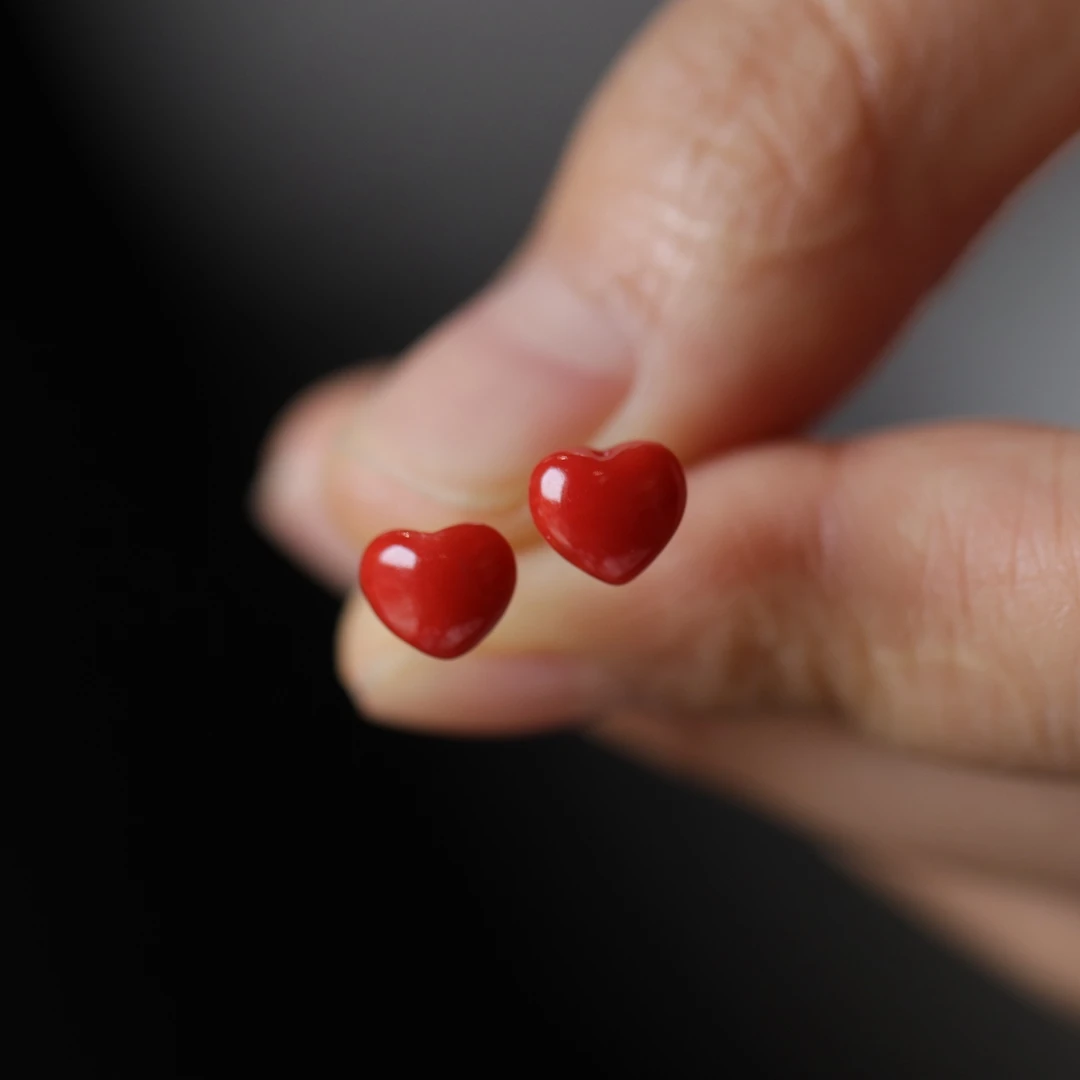 渼艳豪抖音基地质检天然红珊瑚爱心耳钉ins耳环礼品 多样性发一