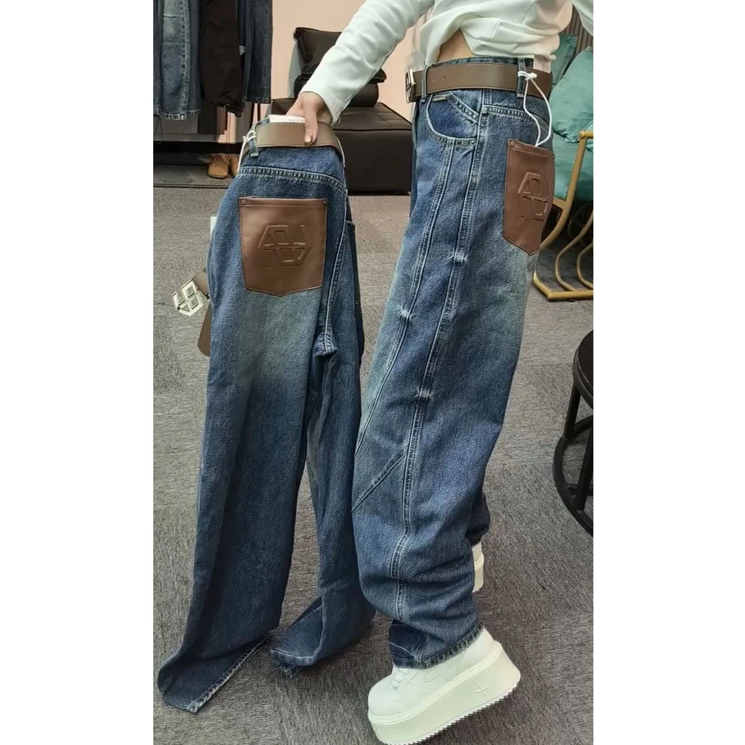 艾塔莉秋季牛仔裤宽松阔腿裤高腰小众设计感水洗磨白做旧长裤女裤