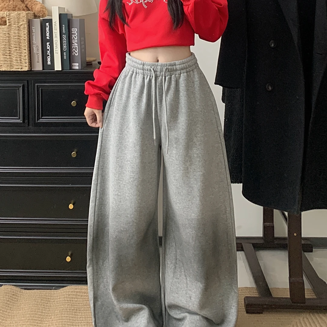 2025秋冬美式慵懒灰色渐变阔腿抽绳运动裤女复古宽松休闲拖地卫裤