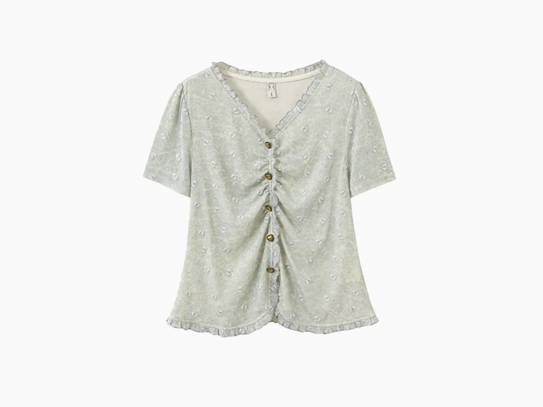 25536（45）夏季新款时尚V领蕾丝短袖衬衫女褶皱百搭上衣