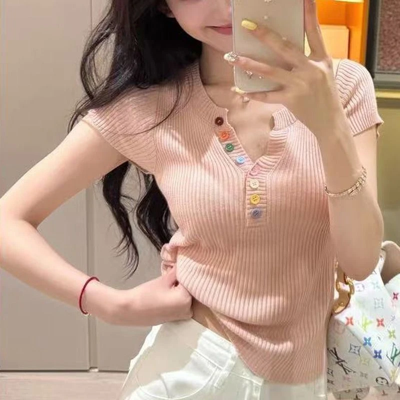 v领短袖百搭针织衫女夏季修身显瘦独特超好看漂亮上衣薄黄色彩扣