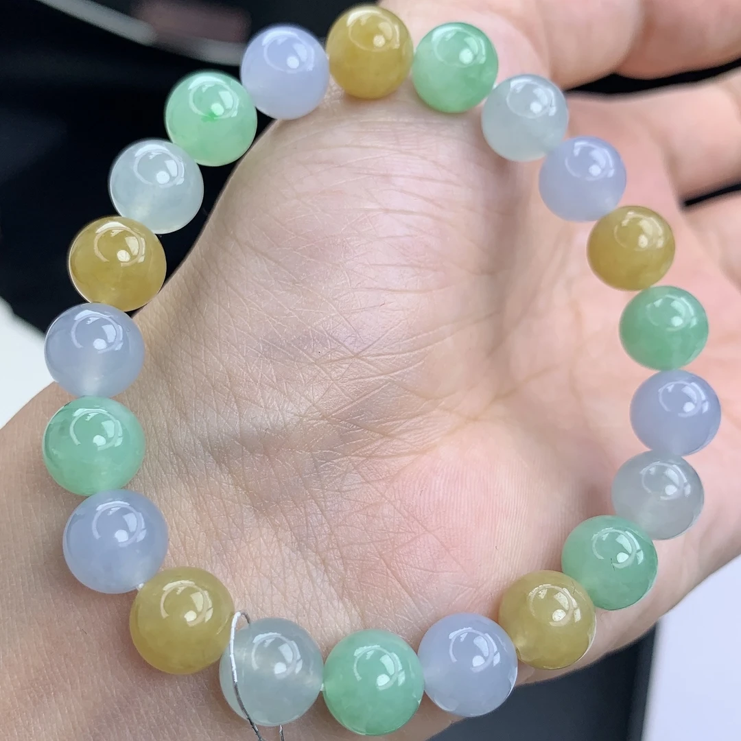 四会 缅甸A货翡翠福禄寿三彩多宝黄紫绿圆珠手链手串6T卡9mm