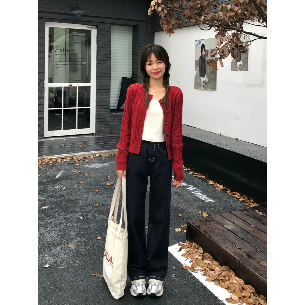 王家有鱼/丹宁色无弹阔腿裤/89113