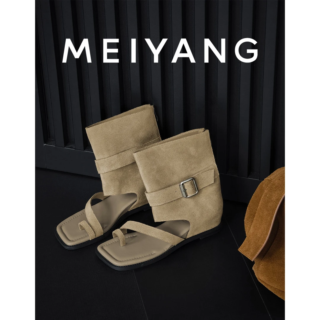 美洋MEIYANG 流浪家夹趾凉靴 牛反绒雅丹内增高夹脚短靴