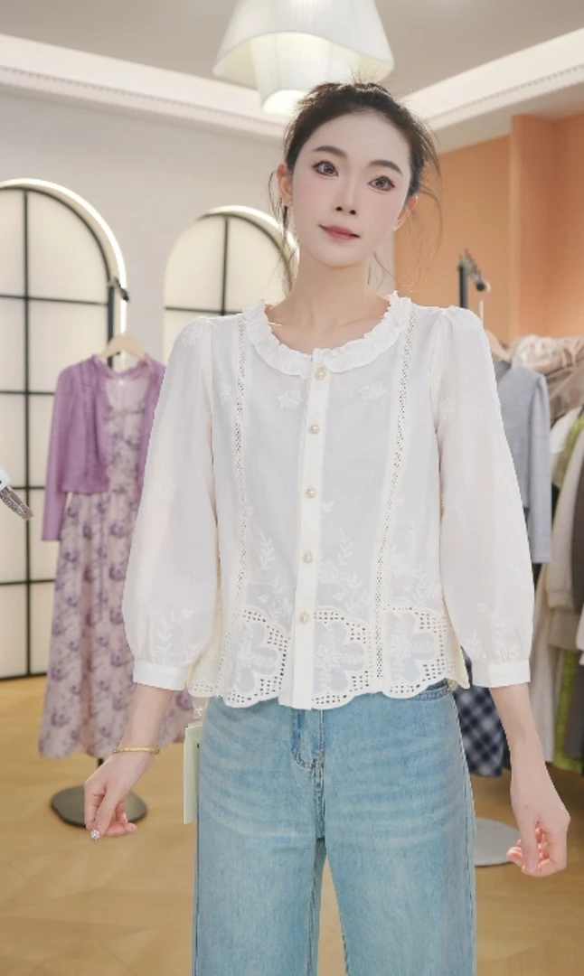 F3016小个子时尚气质衬衫早秋新款洋气七分袖衬衣减龄百搭上衣