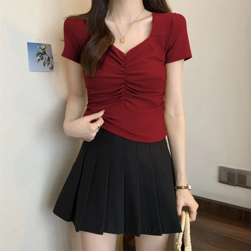 正肩短袖T恤女夏季辣妹方领大领口紧身修身高腰露脐褶皱短款上衣