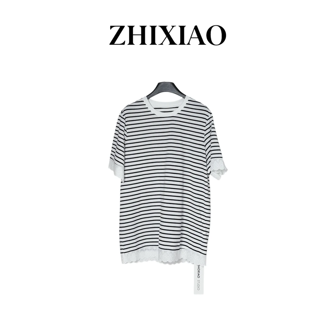 【ZHIXIAO】夏季新款：蕾丝条纹短袖8186