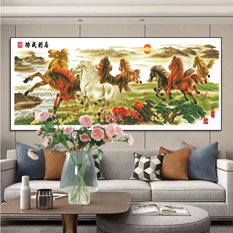 新款钻石画马到成功八骏图满钻全贴魔方圆钻石画卧室客厅八匹马