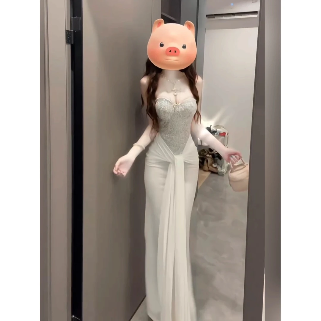 法式纯欲重工亮片拼接系带抹胸连衣裙女秋高级感修身宴会礼服长裙