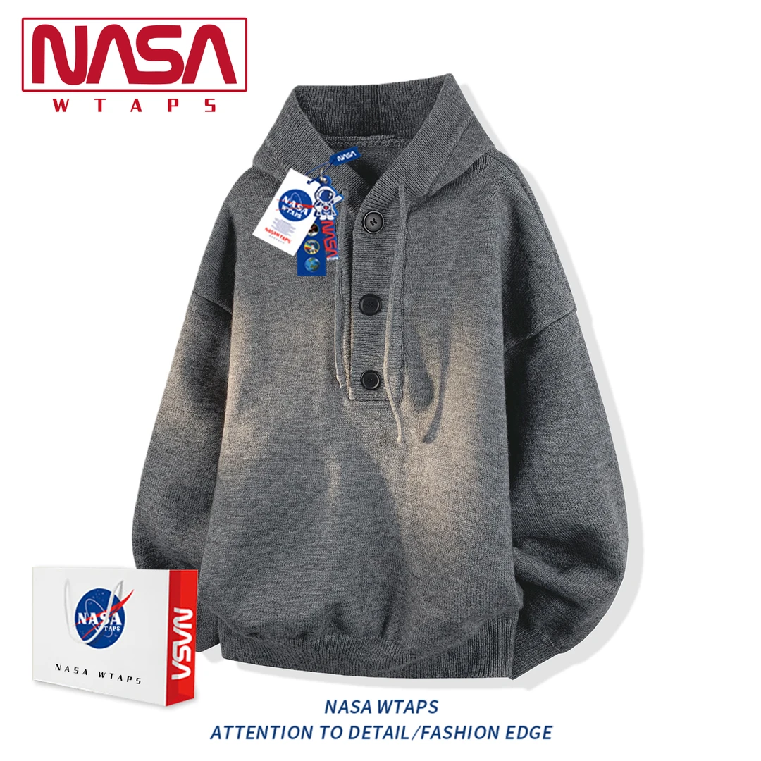 NASA WTAPS网红爆款安哥拉红连帽套头重磅毛衣男秋冬慵懒风针织衫