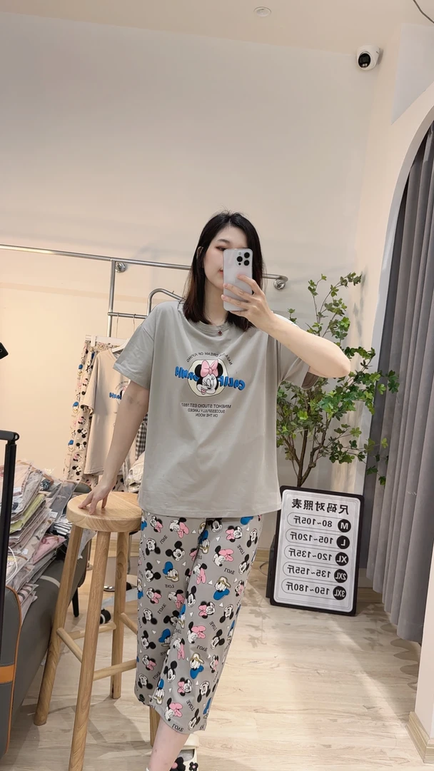 夏季爽棉睡衣女舒适时尚休闲女士八分裤宽松居家印花卡通韩版套装