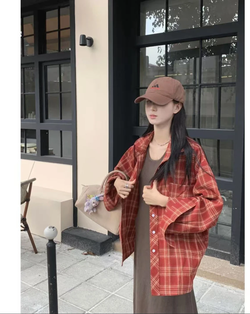 韩版红色格子衬衫外套女2025春秋款复古港味港风外穿百搭长袖上衣