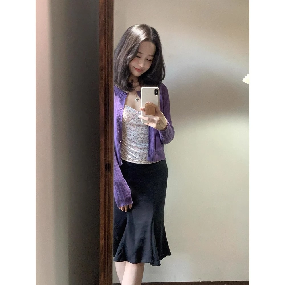 法式紫色针织开衫圆领长袖女早秋新款巨好看洋气独特花边外套上衣