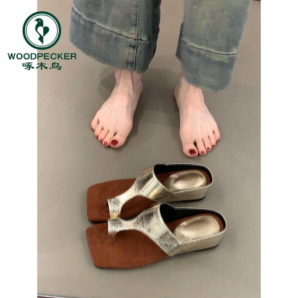 啄木鸟复古套趾方头拖鞋女百搭一脚蹬夏季外穿露趾气质休闲凉鞋女