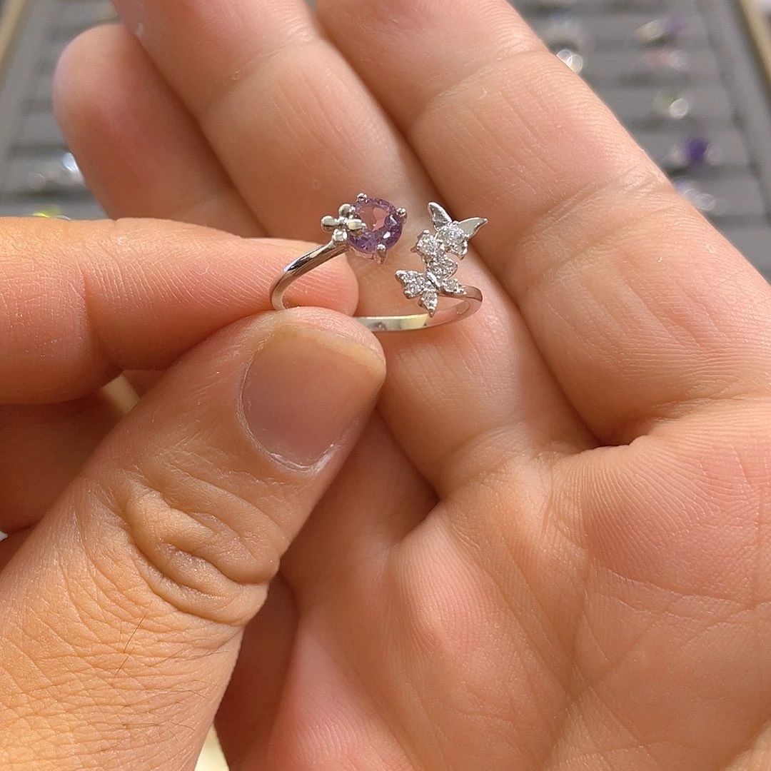 水晶戒指银S925镶嵌蝴蝶