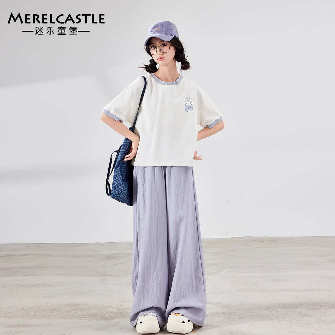 C5089女童夏季套装2025新款初中生女孩卡通短袖女大童洋气两件套