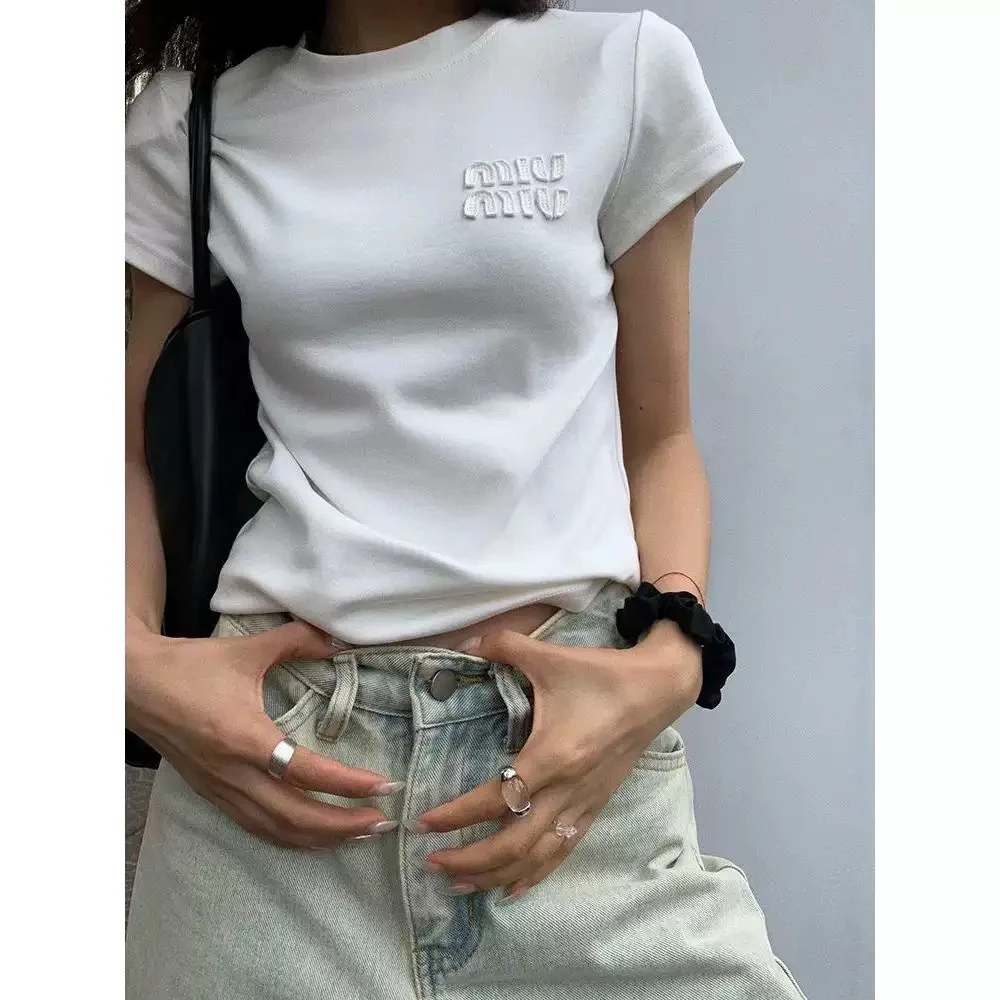 Miu系女孩棉正肩T恤重磅小众字母贴布白色女款上衣简约百搭