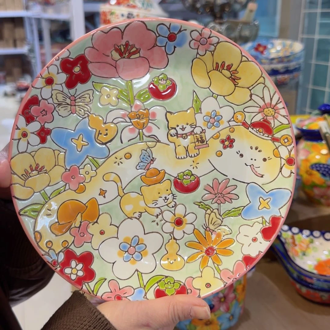 瓷片8.25英寸福蛇盘一只