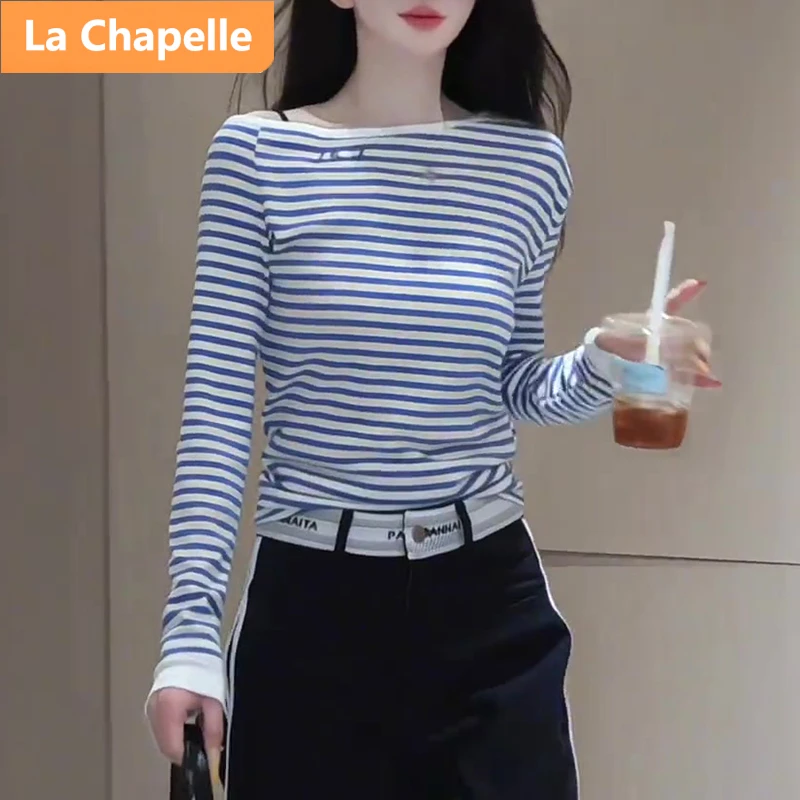 拉夏贝尔斜肩修身长袖上衣女2025显瘦内搭长袖打底撞色新款