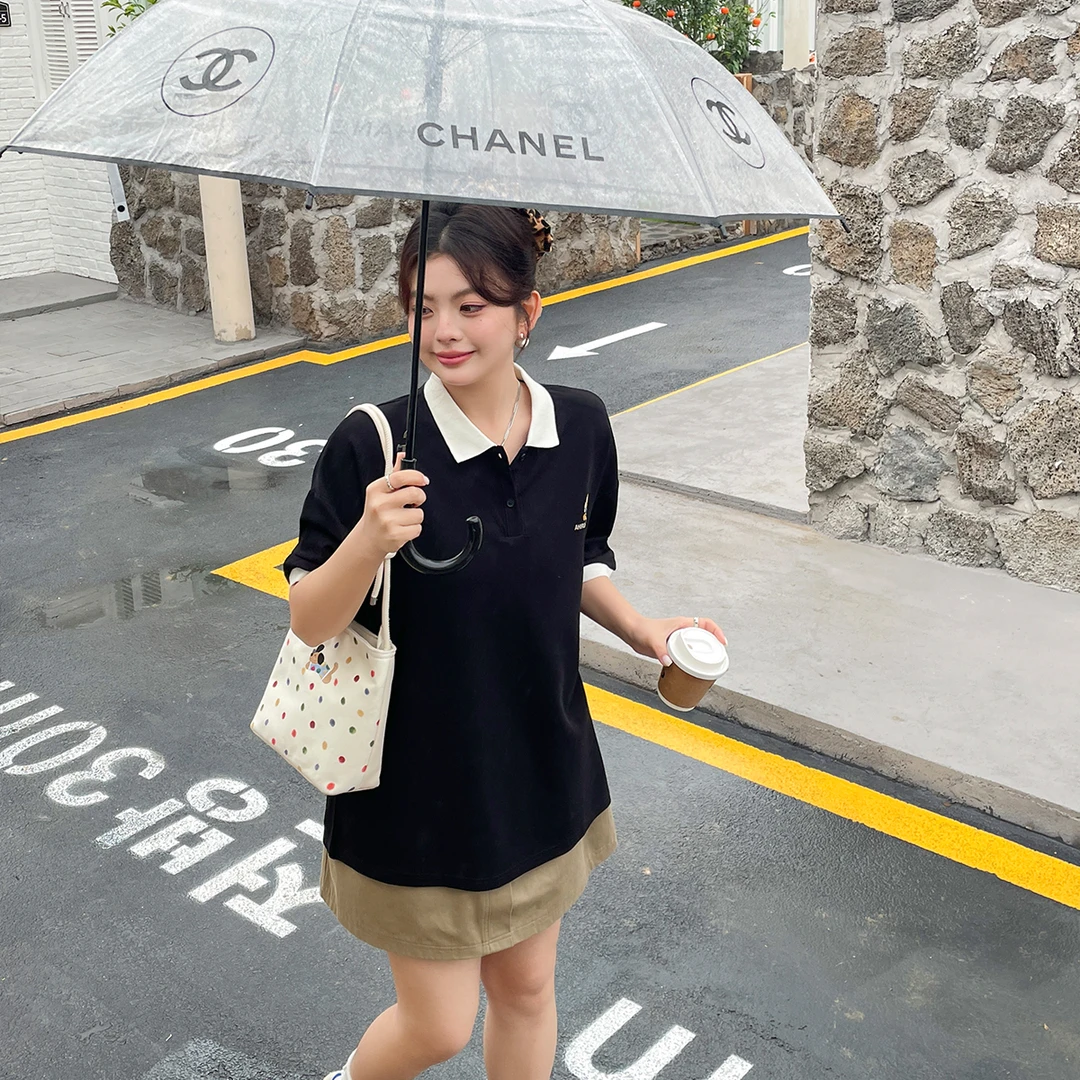 【现现专场】新款大码女装POLO领简约T恤运动学院风宽松显瘦上衣