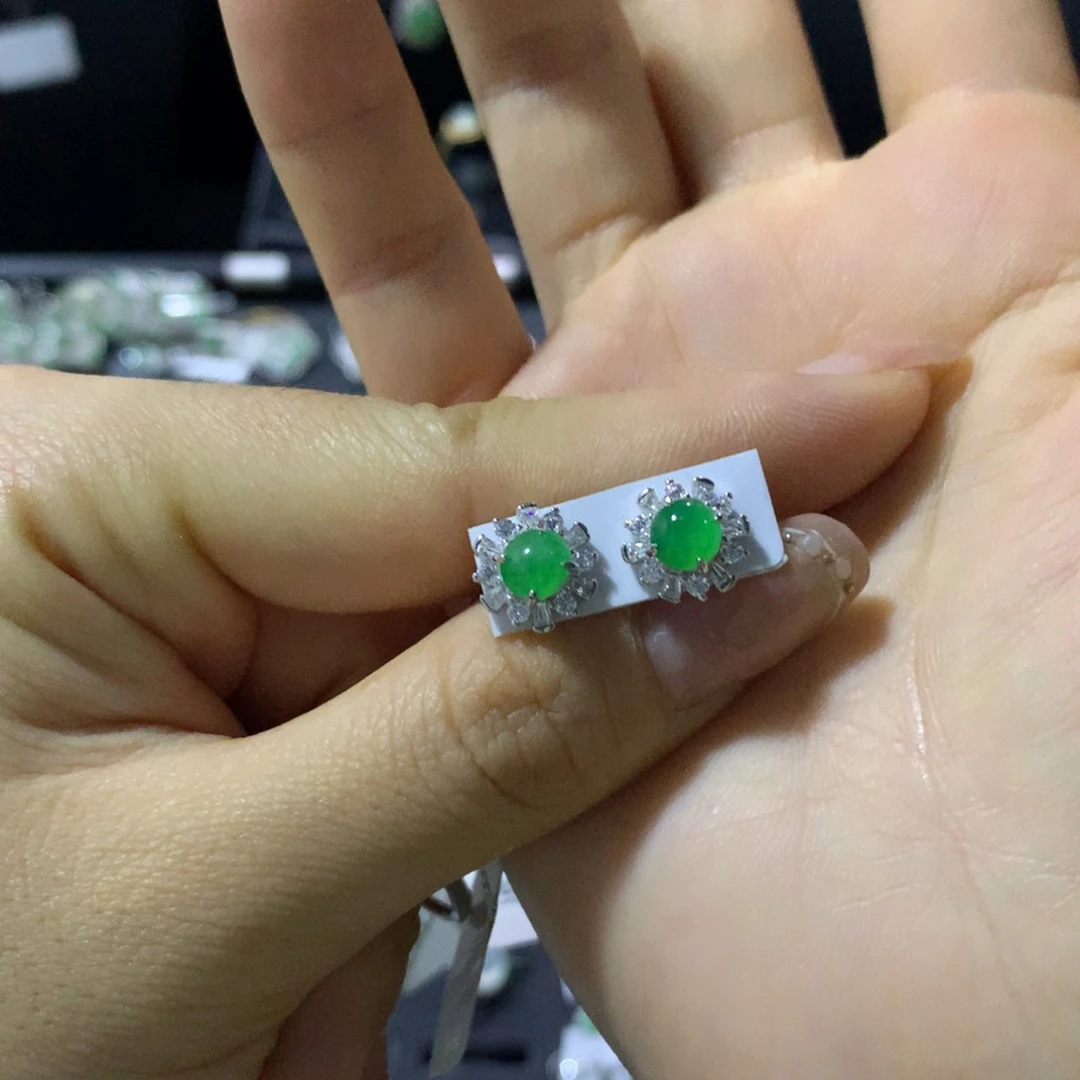 翡翠戒指银S925镶嵌耳钉