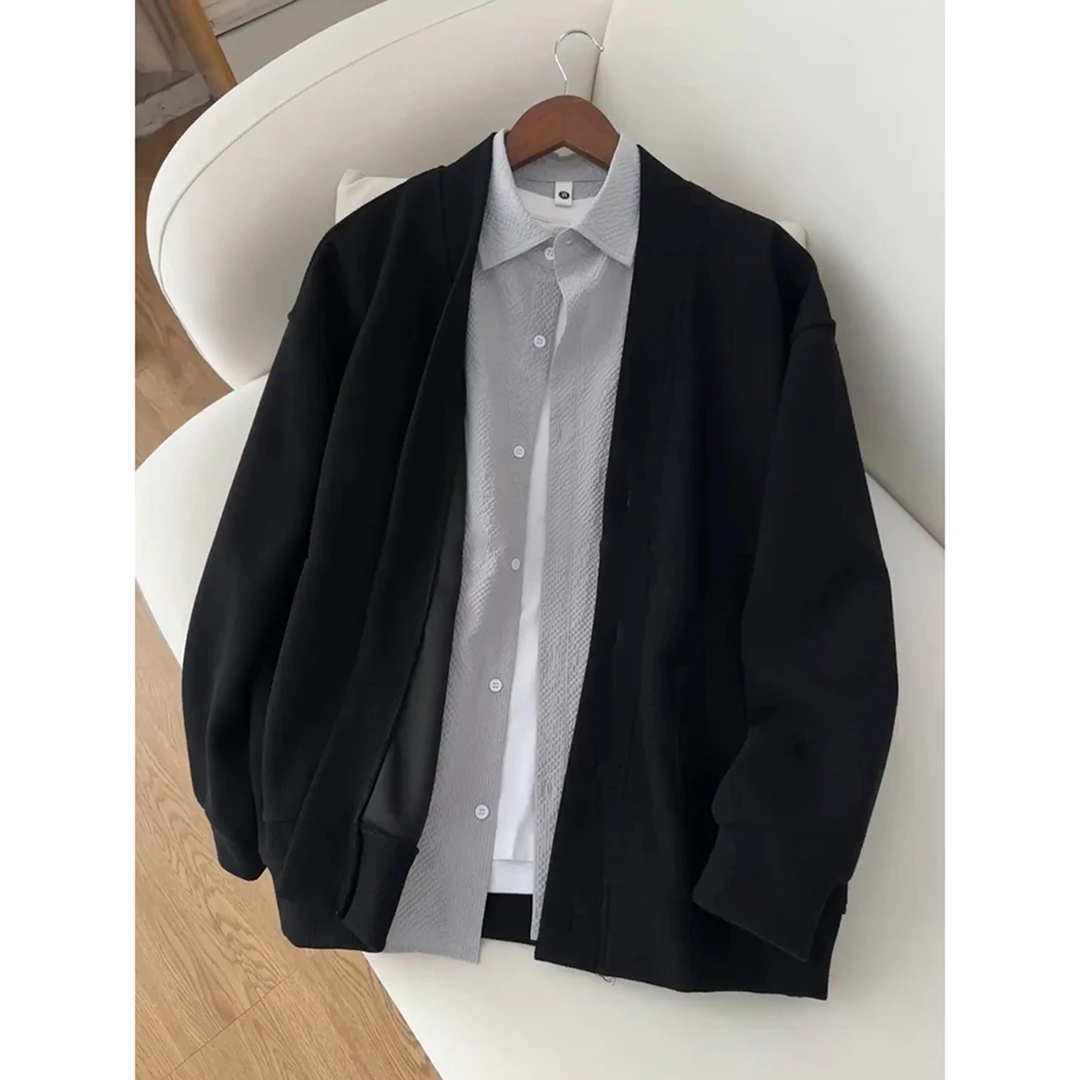 黑色V领开衫卫衣男秋季cleanfit美式华夫格外套慵懒风短款夹克衫