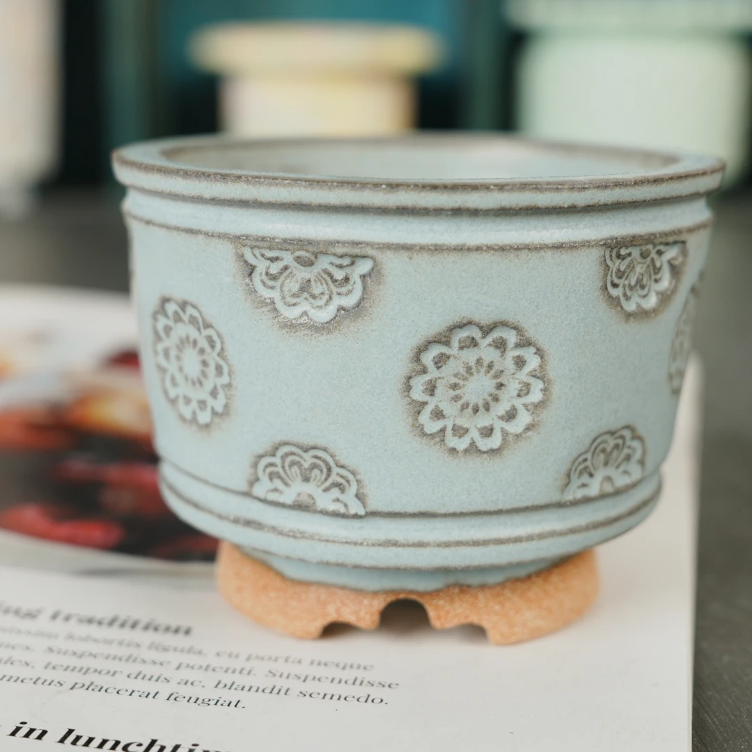 景德镇手工多肉花盆复古印章纹路内口6.3厘米外高5.6厘米