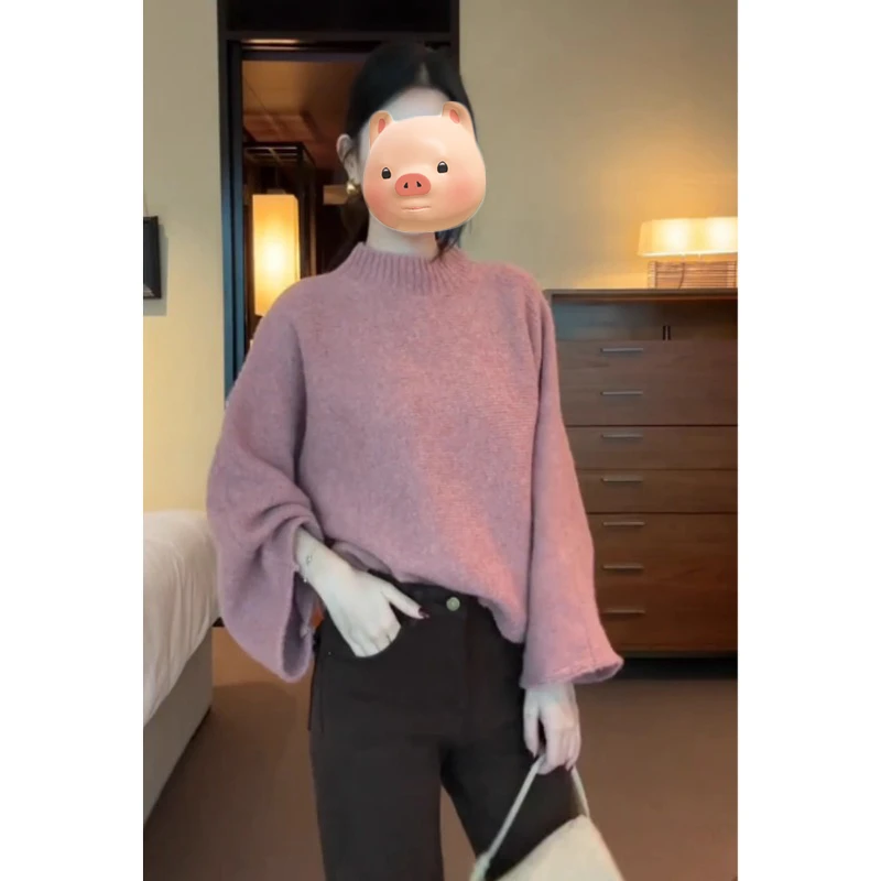 红色半高领套头蝙蝠袖毛衣女2025新款秋冬季宽松慵懒风针织衫上衣