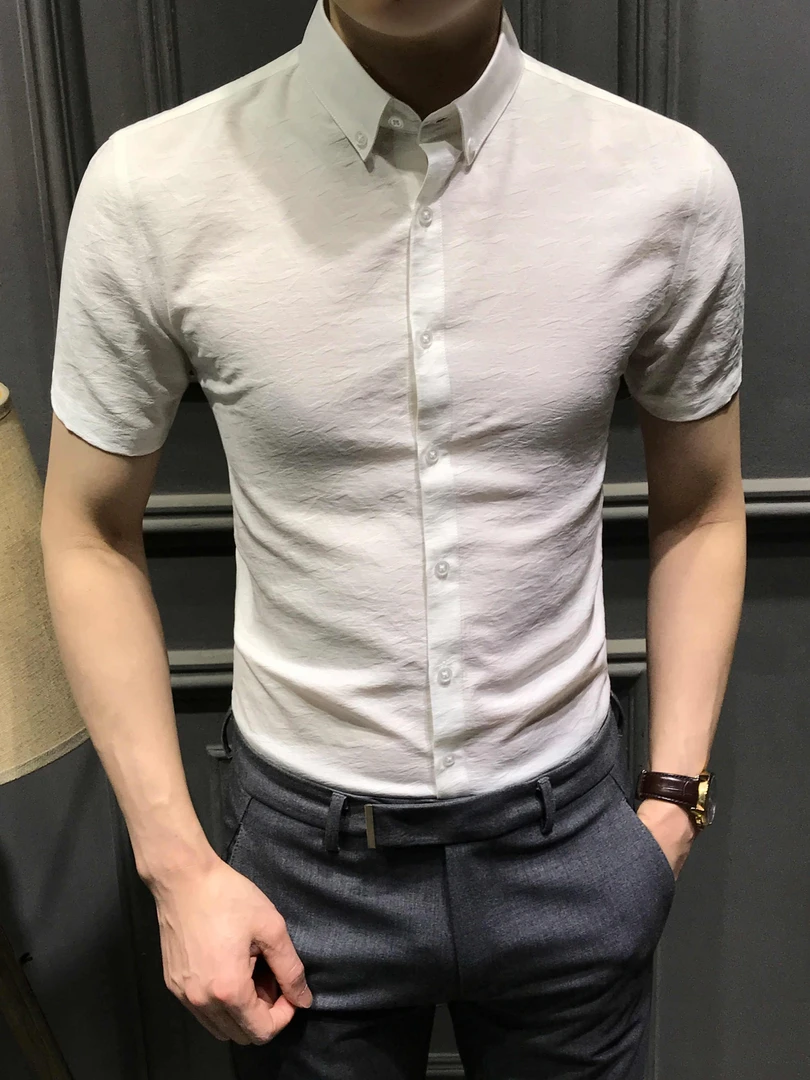 夏季痞帅短袖衬衫男2025新款修身时尚衬衣潮流商务半袖男装免烫寸