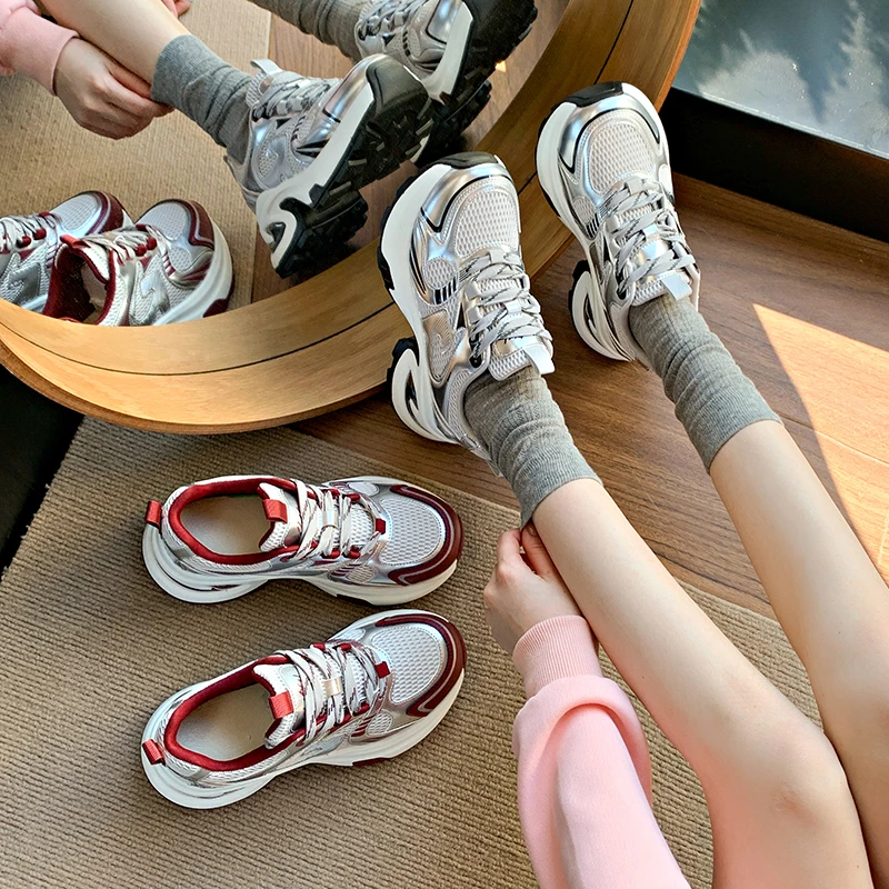 2025春季新款老爹鞋潮流时尚厚底显脚小增高运动休闲女款网面