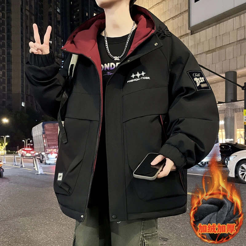 连帽防风保暖男春秋港风连帽夹克外套韩版冬季宽松冬装