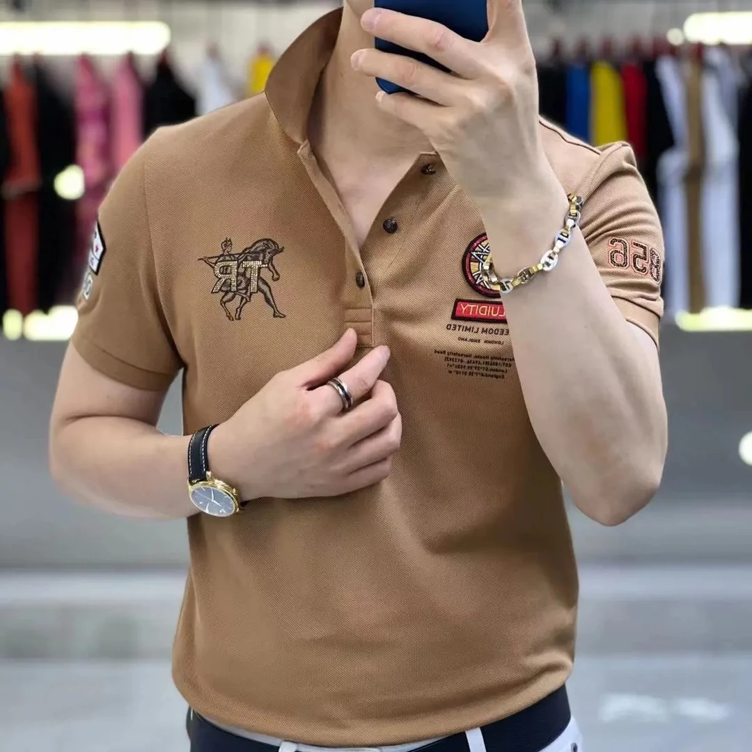 欧货夏季新款潮男装3色新创意polo衫短袖时尚修身印花烫钻刺绣T恤