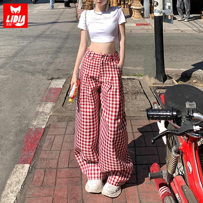 灵貂红白格子裤高腰休闲裤子女显瘦2025春秋季新款宽松洋气阔腿裤