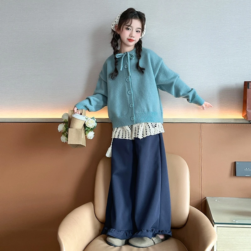 女童韩系毛衣套装2025洋气新款中大儿童6-12岁15岁春装休闲三件套