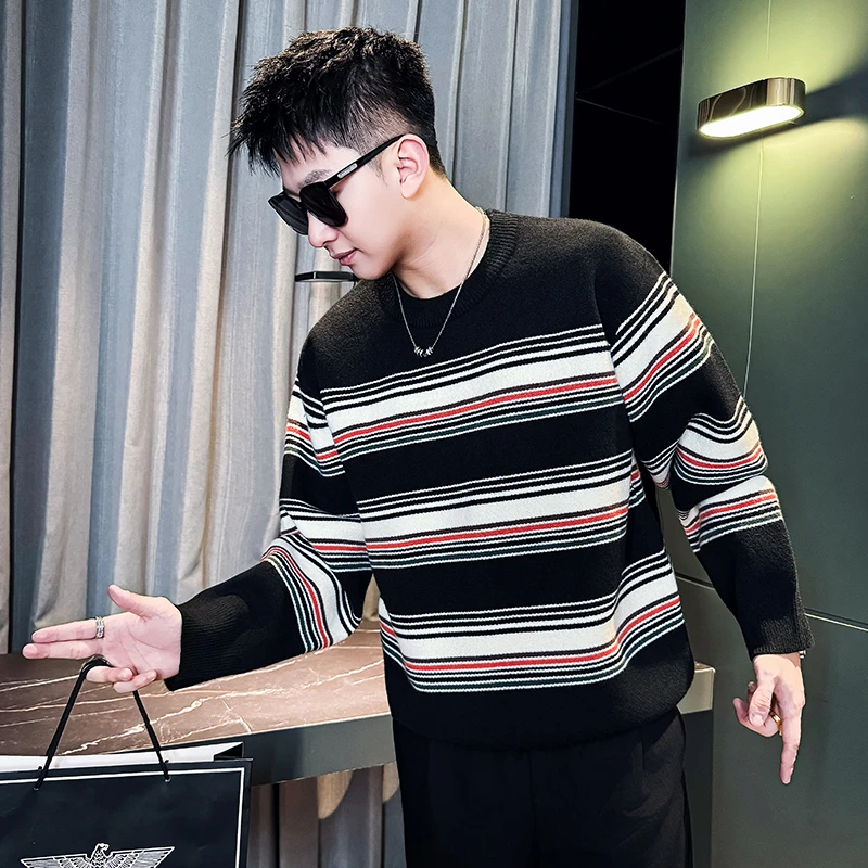 品牌正品条纹毛衣男潮牌保暖针织衫2025秋冬季新款男士打底衫线衣