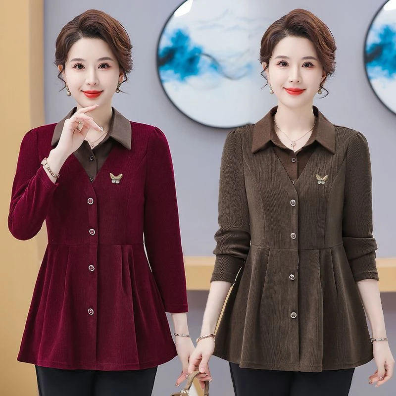 中年妈妈春装洋气假两件打底衫新款中老年春秋女装衬衫领长袖上衣