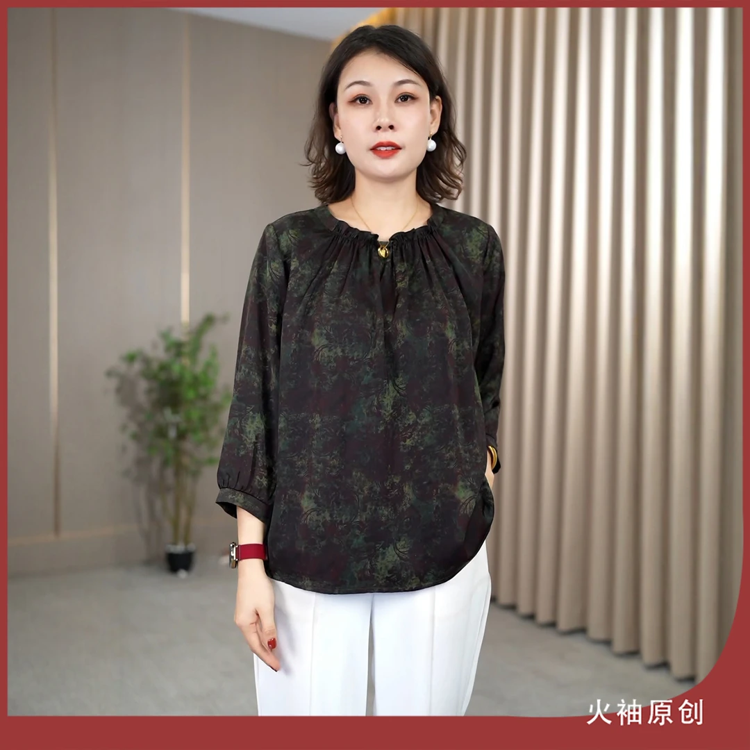 火袖G1587中老年复古圆领印花上衣女早秋新款宽松显瘦妈妈装小衫