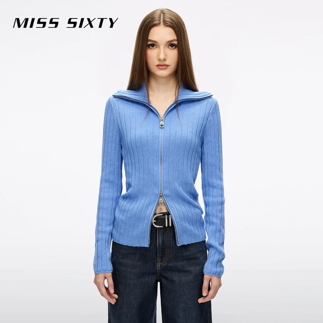 Miss Sixty2025冬季新款针织外套女翻领双向拉链羊毛混纺麻花毛衣