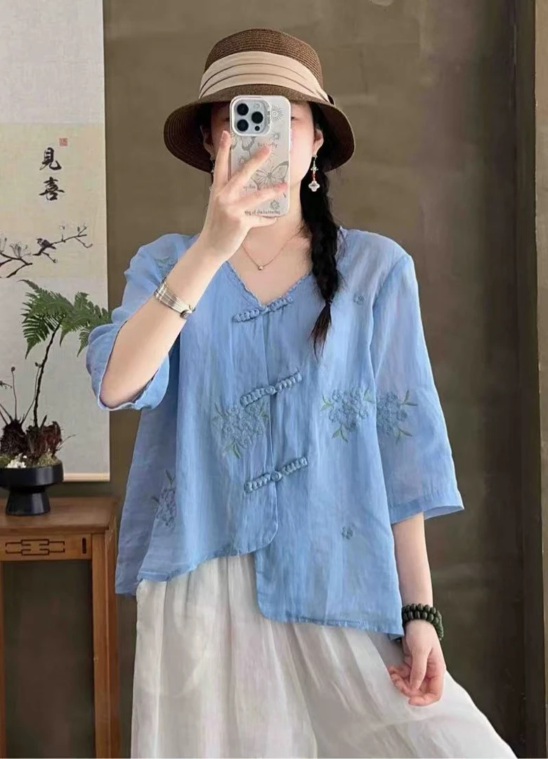 D-001苎麻防晒纽扣刺绣透气衬衫夏季复古显瘦中国风斜襟小衫