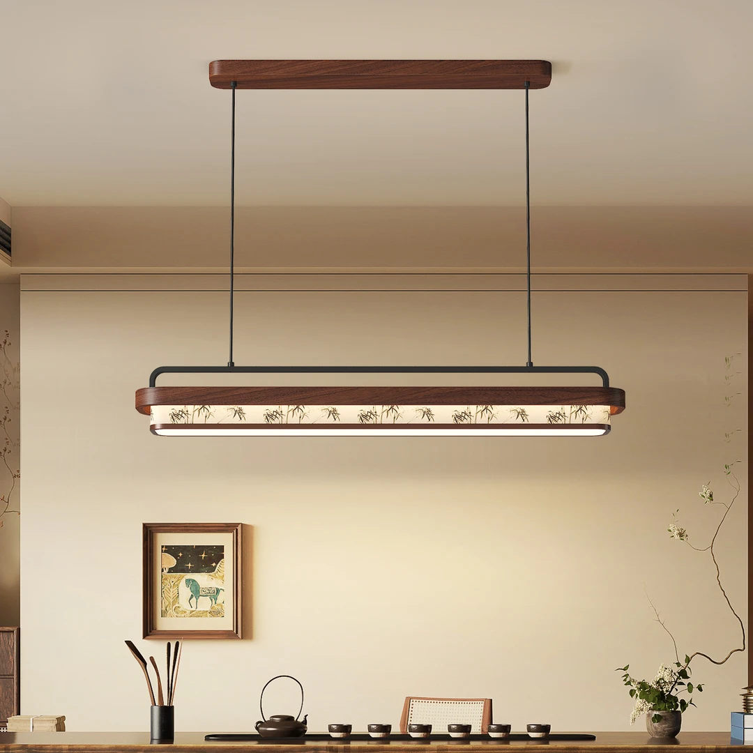宋代美学新中式中古风吊灯餐厅灯茶桌灯禅意竹叶实木长条吧台吊灯