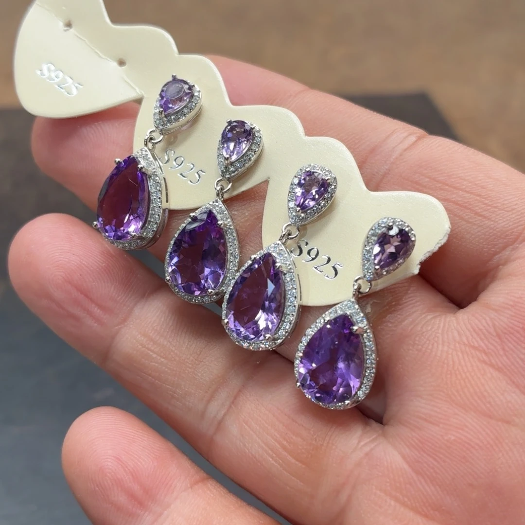 紫晶耳饰银S925镶嵌多样性发货拍一发一