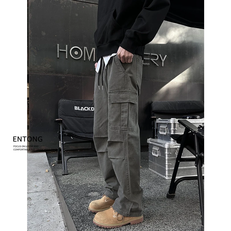 Entong美式休闲松紧腰男款工装裤潮牌cleanfit百搭春季直筒长裤子