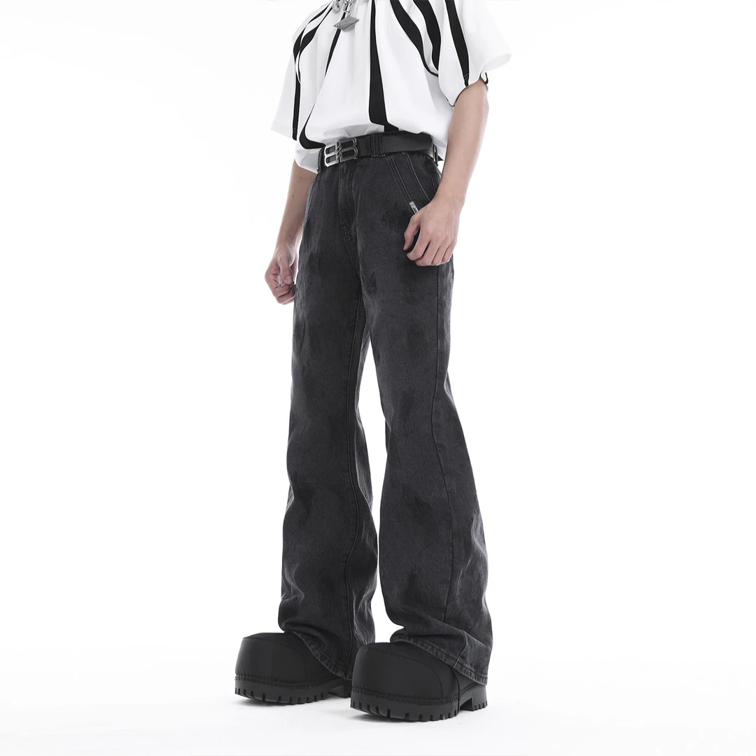 小瘦子男装 小众擦色做旧涂鸦牛仔裤男潮美式复古拖地直筒微喇裤