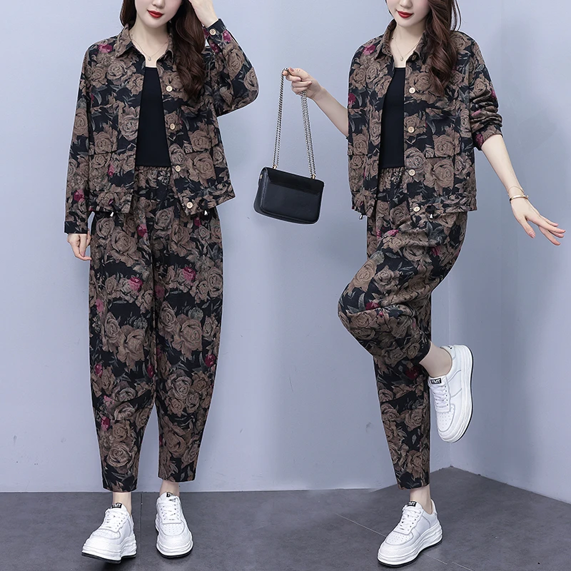 胖时髦复古印花领短外套哈伦裤两件套大码春装减龄套装女