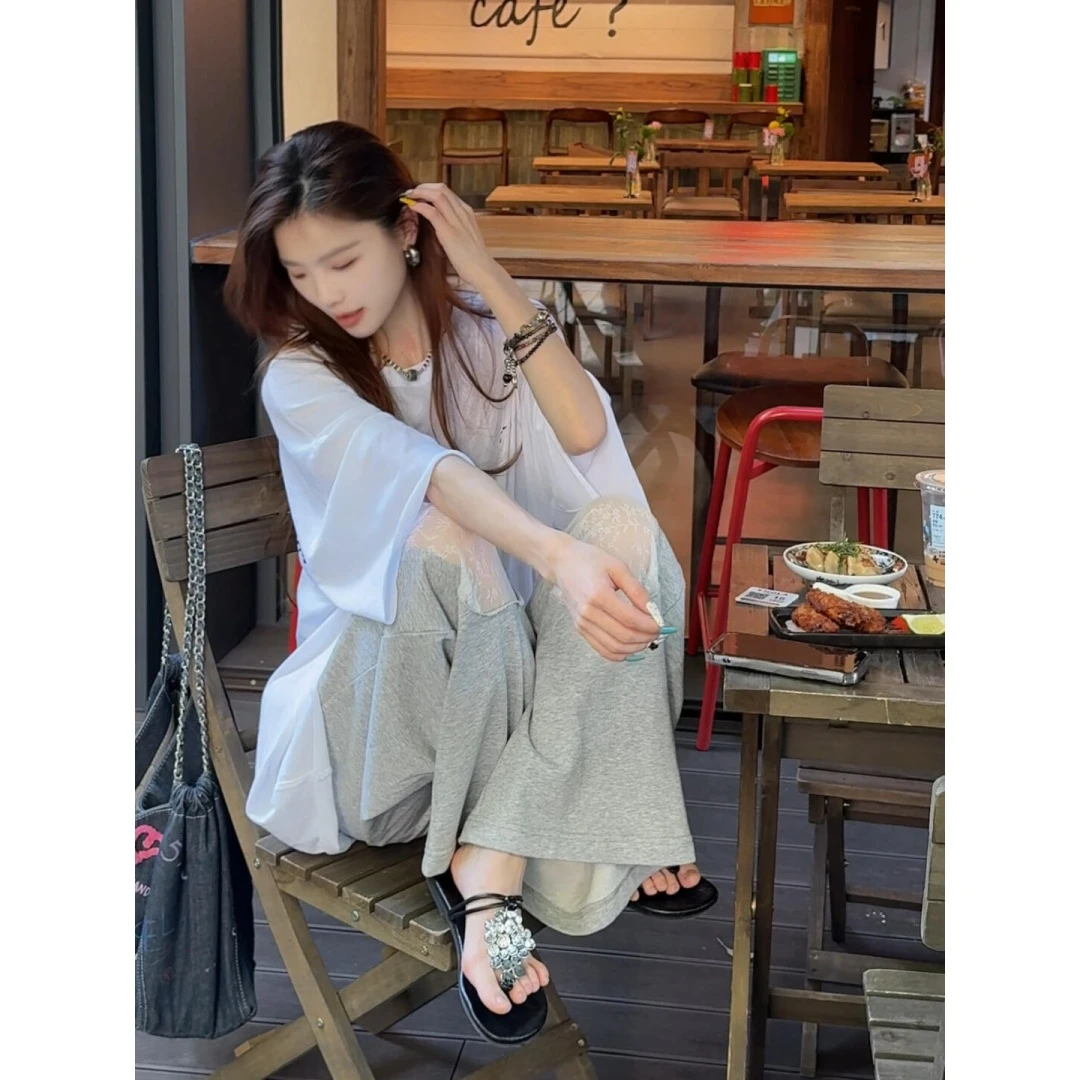 慵懒松弛感穿搭白色显瘦短袖上衣时尚洋气蕾丝休闲长裤两件套装潮